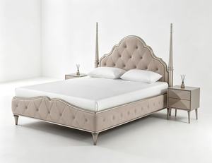 Premium Queen Size Silver Four Poster <b>Bed</b> With Beige Velvet Diamond Tufted Arched Headboard For Luxury Bedroom - Product Image 3