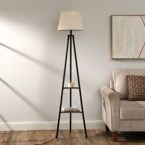 Industrial Standing Storage <strong>Lamp</strong> Living Room Beige Linen Shade <strong>Tripod</strong> <strong>Floor</strong> <strong>Lamp</strong> <strong>with</strong> <strong>Shelves</strong> - Product Image 2