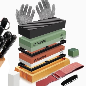 Ensemble d'affûtage de couteaux multifonctionnel et durable avec <span class=keywords><strong>pierre</strong></span> à <span class=keywords><strong>aiguiser</strong></span> multi-grains, <span class=keywords><strong>guide</strong></span> d'angle et base stable en bambou - Product Image 1