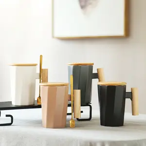 Лидер продаж, фарфоровые чайные чашки на заказ в стиле Ins, 400 мл, многоразовые дорожные керамические кофейные кружки с деревянной крышкой