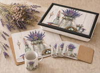 Ensemble de sets de table en MDF écologique, style campagnard, motif floral, avec dos en liège, personnalisable directement de l'usine, avec sous-verres et plateau de service