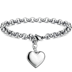 Heart Charm <b>Bracelet</b> 14mm Steel Gold Chain Unisex Everyday Wear Jewelry - Product Image 1