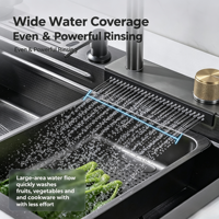 Évier de cuisine OEM noir mat anti-rayures avec cascade numérique intégrée, porte-couteaux et affichage intelligent de la température