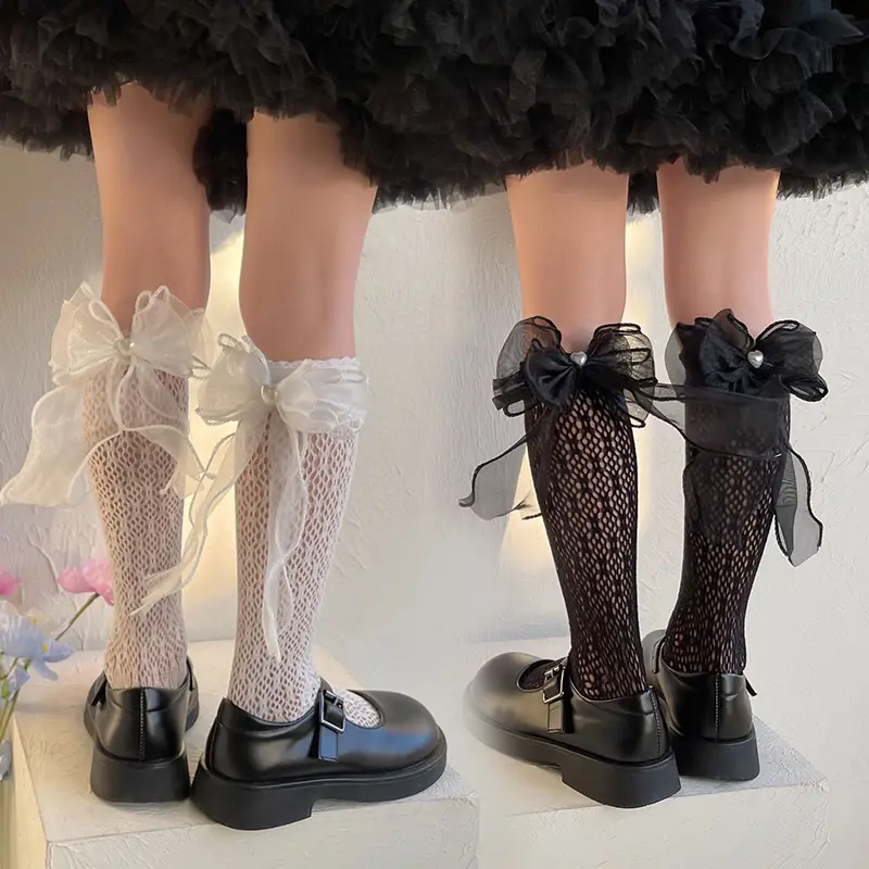 Calcetines coreanos de encaje hasta la rodilla para niñas, medias de malla de algodón con lazo grande, para primavera