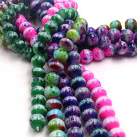 HX 10mm manik-manik kaca warna ungu merah putih dengan pola Strip putih kue pernis lukisan manik-manik untuk DIY pembuatan gelang