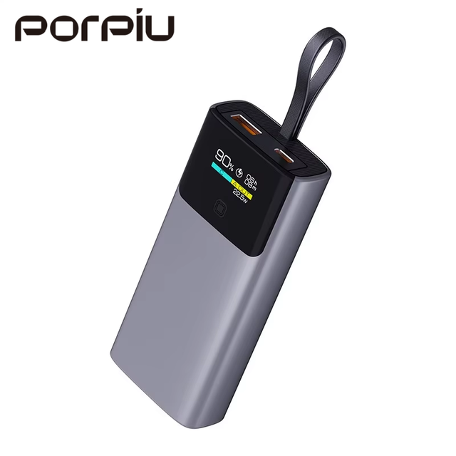 PORPIU Portable 10000mAh Power Bank High Capacity PD22.5W Fast Charge LCD Screen Outdoor Convenient Cable for Phone