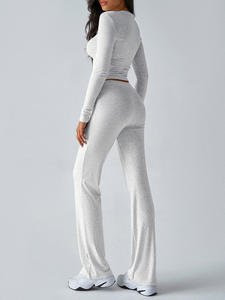 Özel LOGO Y2K kadınlar gündelik spor giyim 2 parça Set Slim Fit uzun kollu kırpma üst İpli pantolon katı eğlence takım elbise - Product Image 2