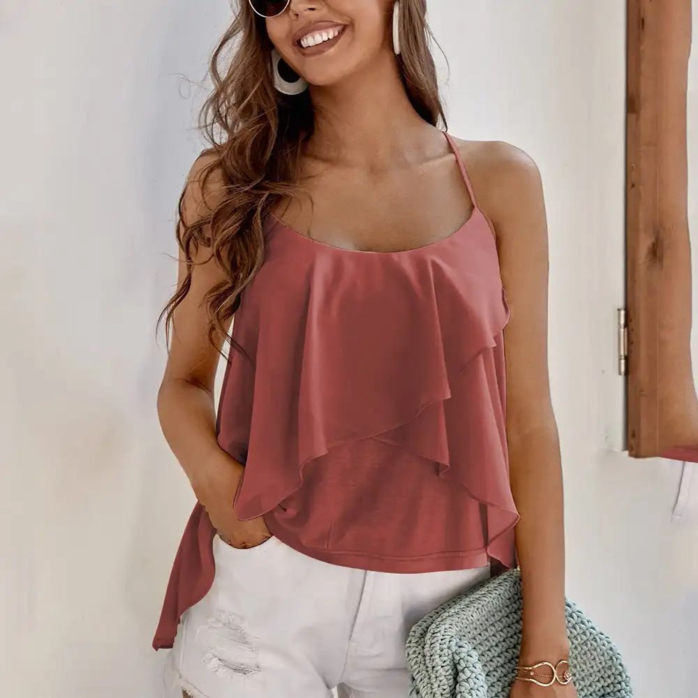 Summer Hot Style Women Solid Color Vest Chiffon Vest Backless Plus Size Top Spaghetti Strapped Women Blouses