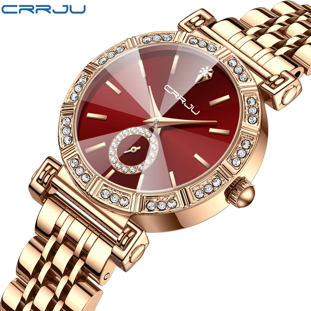 CRRJU 5011 Top 10 marcas hechas en PRC señora reloj exclusivo correa de acero inoxidable impermeable carácter Casual reloj de mano