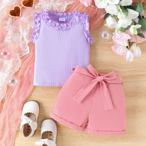 阳光宝宝2024夏季新款童装紫色蕾丝上衣 + 纯色短裤带学步女孩两件套