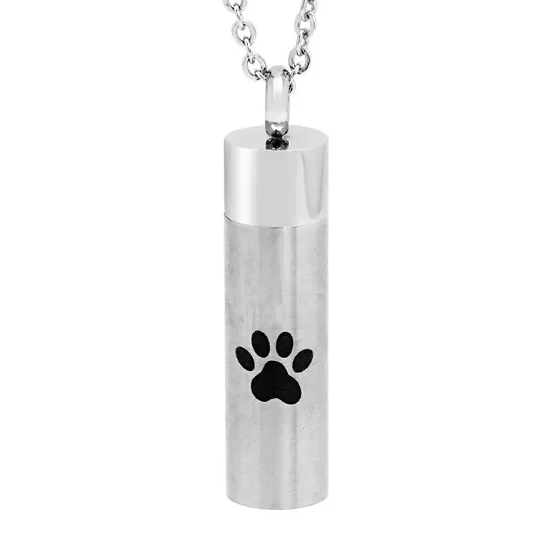 Single Paw Print On Cylinder Cremation Jewelry Necklace Urn Memorial Keepsake Pendant For Pet Ashes With Funnel Fill Kit