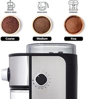 Moulin à café électrique à double tension avec meules plates, grande trémie à grains de 250 g, 14 réglages de mouture, arrêt automatique, pour expresso