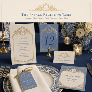 Suite d'invitations <span class=keywords><strong>de</strong></span> mariage baroque personnalisée et ornée, cadre doré avec accents bleus, cartes RSVP assorties, cartes <span class=keywords><strong>de</strong></span> détails et cartes « Save the Date » - Product Image 5