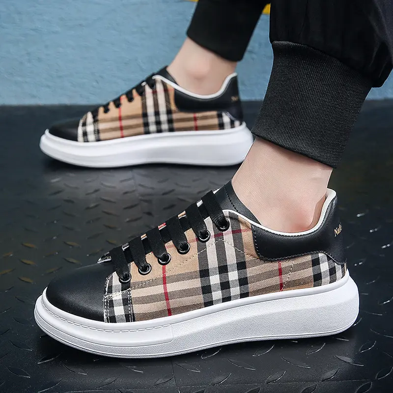Men's Platform Shoes Height Increasing Men's Leisure Wear Shoes Lace-up Canvas Board Shoes Cotton Fabric Handmade PU Leather