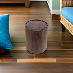 Wholesale Office Recycling <b>Bin</b> Cylindrical Wooden Pattern Trash Can Plastic Lid Kitchen Bathroom Living Waste Storage - Product Image 5