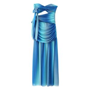 Vestido Casual de Verano para Mujer con Lazo Lateral en Degradado Azul, Diseño Hueco, Malla sin Tirantes, Vestidos Casuales a la Moda - Product Image 2