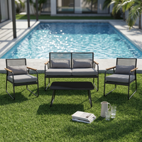 Ensemble de salon de jardin moderne en métal et rotin, 4 pièces, avec canapé, chaises, table basse en verre et coussins doux imperméables