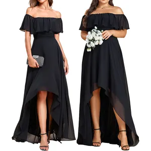 Plus Size Zwierige Zwarte Chiffon Hoge Lage Schouderjurk Vrouwen Dame Elegante Bruiloftsgast Lange Bruidsmeisje Avond Feestjurken