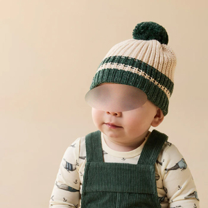 Bonnet tricoté rayé vert crème pour enfants avec grand pompon, bord côtelé, chaud, hiver, pour bébés garçons et filles - Product Image 3