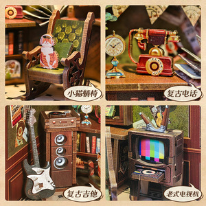 CuteBee Melody Bookstore Wooden Miniature Model <b>Bookend</b> With Light And Music Function For Decoration And Gift - Product Image 4