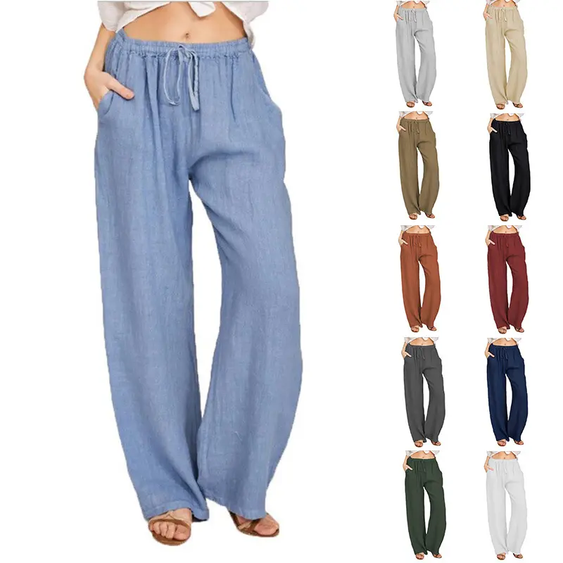 Celana panjang ukuran besar untuk wanita, celana panjang katun Linen kasual longgar nyaman ukuran besar untuk wanita