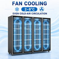 Réfrigérateur commercial à 4 portes vitrées pleine hauteur pour boissons, avec refroidissement par ventilateur, 2-8 °C ° C