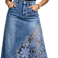 Jupe longue en jean taille haute à patchwork floral en dentelle pour femme, style bohème, coupe trapèze, chic, streetwear, vente en gros de vêtements