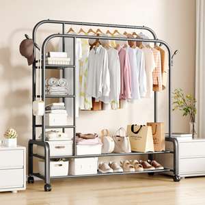 <span class=keywords><strong>Porte</strong></span>-manteau en métal multifonctionnel épaissi avec deux étagères de rangement, antirouille, pour chambre à coucher, balcon, pour suspendre des sacs - Product Image 1