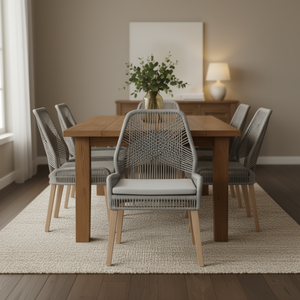 Chaise de salle à manger à dossier tissé, revêtement en tissu gris, pieds en bois, design contemporain, mobilier moderne pour la maison - Product Image 2