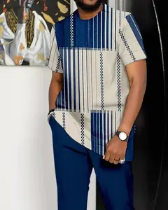 Best-Selling Design Models Men'S Vertical Stripe Print Short Sleeve Suit Cotton Breathable Men Wear Clothing African For Men