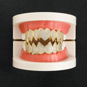 BES Tooth <span class=keywords><strong>Grilz</strong></span> Coeur Forme Laiton Métal Micro Pave Full CZ <span class=keywords><strong>Grilz</strong></span> Haut et Bas Fang Grills Dents Hip Hop Bijoux - Product Image 4