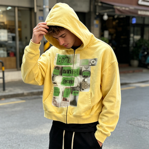 Sweat à capuche zippé court RANAX jaune 420GSM, imprimé, unisexe, coupe oversize, streetwear décontracté - Product Image 3