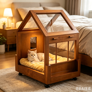 Modern Wooden Pet House Villa with Transparent Roof and Wheels for Cats Indoor Cozy Bed with Cushion Durable Design - Product Image 1
