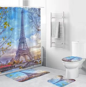 Ensemble 3D quatre pièces Tour Eiffel en polyester écologique : rideau de douche, tapis antidérapants et couvercle de toilette à motif paysage parisien - Product Image 5
