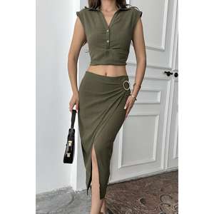 Ensemble de costume en lin kaki pour femmes, vente en gros, chemise et jupe combinées - Product Image 3