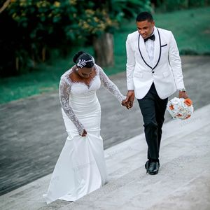 Elegantes Vestidos de Novia de Lujo de Nigeria con Apliques de Perlas y Encaje, Manga Larga, Cuello Redondo, Aso Ebi, Largos hasta el Suelo, Estilo Sirena/Trompeta - Product Image 3