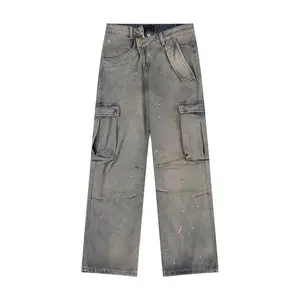 High Street Cargo Multi Pockets Custom Denim Wide Leg Pants Male Denim Jeans Man Men's Jeans Men