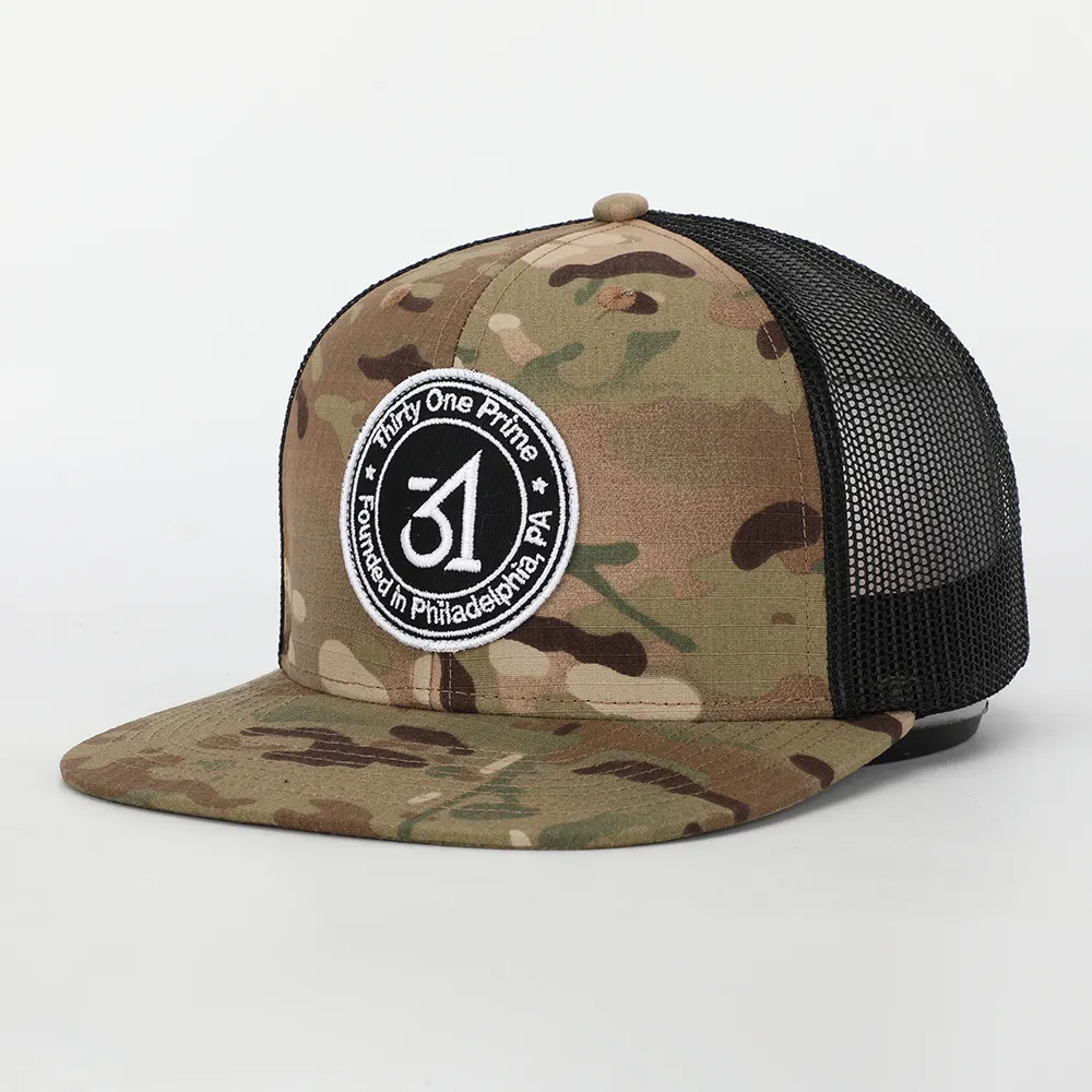 OEM Wholesale Custom 6 Panel High Quality Embroidery Patch Logo Ripstop Camo Gorras Snap Back Mesh Snapback Cap Hat