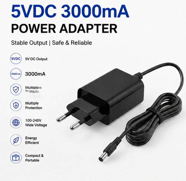 5VDC 3000mA Power Adapter 15W AC DC Switching Power Supply with DC Cable for LED Light Router CCTV Camera and Electronic Devices