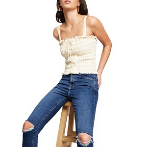 Jeans rectos casuales de talla grande para mujer, de cintura alta, lavables, ecológicos, de elastano, a cuadros, largos, OEM, transpirables, con cierre de cremallera, para otoño. - Product Image 1