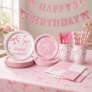 Juego de Vajilla Desechable para Fiesta de Cumpleaños con Tema de Lazo Rosa, Platos, Vasos y Mantel de Papel - Product Image 3
