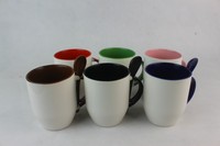 Tasse à café en céramique vierge de 11 oz avec cuillère, poignée intérieure, logo personnalisé coloré, mug émaillé personnalisé