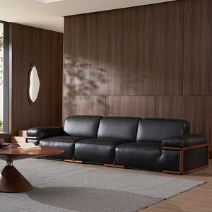 Canapé minimaliste italien à quatre places en bois massif de noyer noir première couche en cuir véritable style <span class=keywords><strong>nord</strong></span>-américain pour villa école - Product Image 6