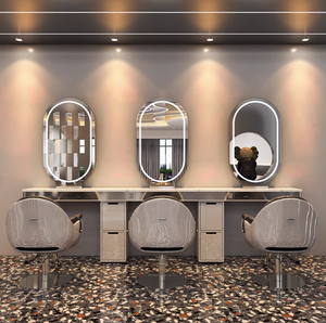 Grand mobilier de salon : Station de coiffure et maquillage avec miroir LED doré pleine longueur et table intégrée, économique - Product Image 4