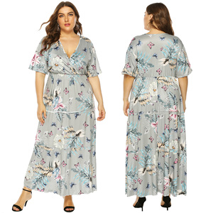 Venta al por mayor <span class=keywords><strong>Mujer</strong></span> Plus tamaño Floral impresión V profundo lazo de la cintura manga corta vestido Maxi - Product Image 1