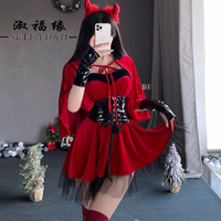 Costume de diable de Noël S15 pour femmes, robe en velours rouge avec bandeau à cornes, cape, gants, tenue de cosplay gothique, fête d'Halloween