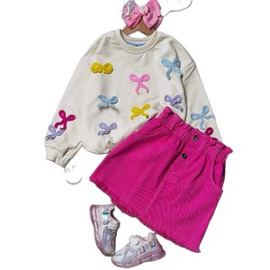 Conjunto de Dos Piezas para Niñas, Top de Manga Larga y Minifalda con Lazo Bordado, Vestido Casual de Pana para Otoño - Product Image 6
