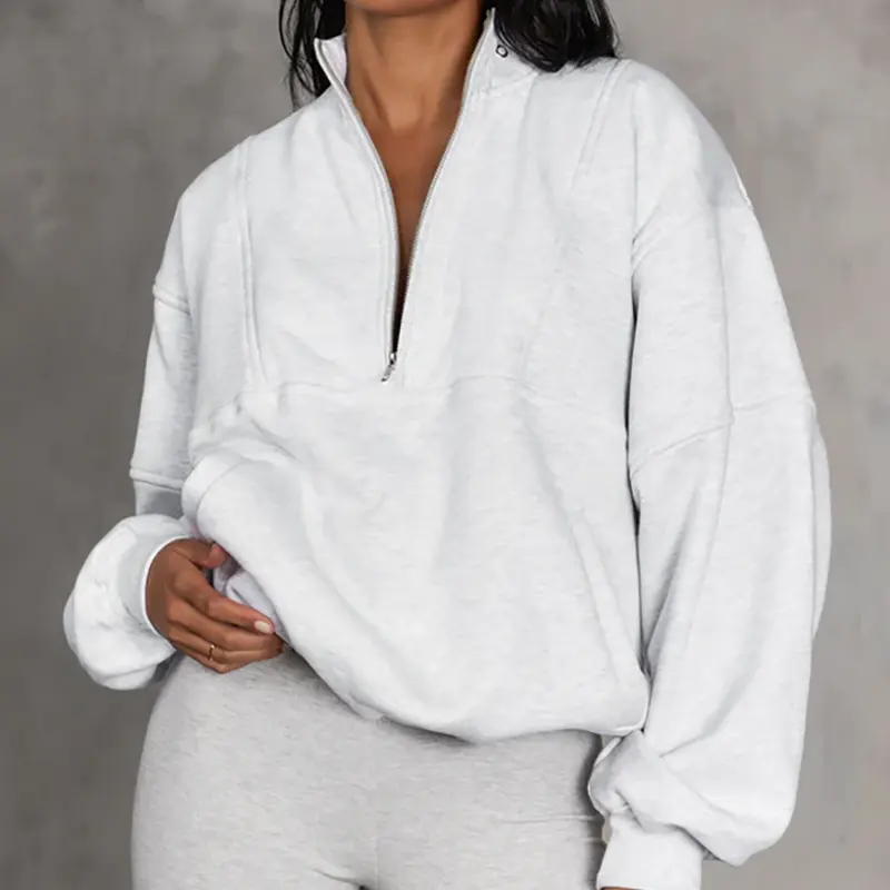 100%Cotton Eyelet Drop Shoulder Half Zipper Women Long Sleeve Pocket Front Custom Plain Heather Grey Pullover Sweatshirt