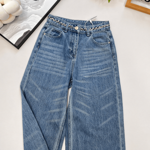 Jeans de Cintura Alta y Pierna Ancha con Detalle de Cadena en la Cintura, Pantalones Vaqueros con Lavado Vintage - Product Image 3