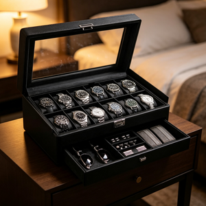 Caja Organizadora de Relojes Negra de Lujo con Tapa de Cristal Transparente, 12 Ranuras para Relojes, Almacenamiento en Cajón para Gafas, Joyas y Colección de Relojes - Product Image 4